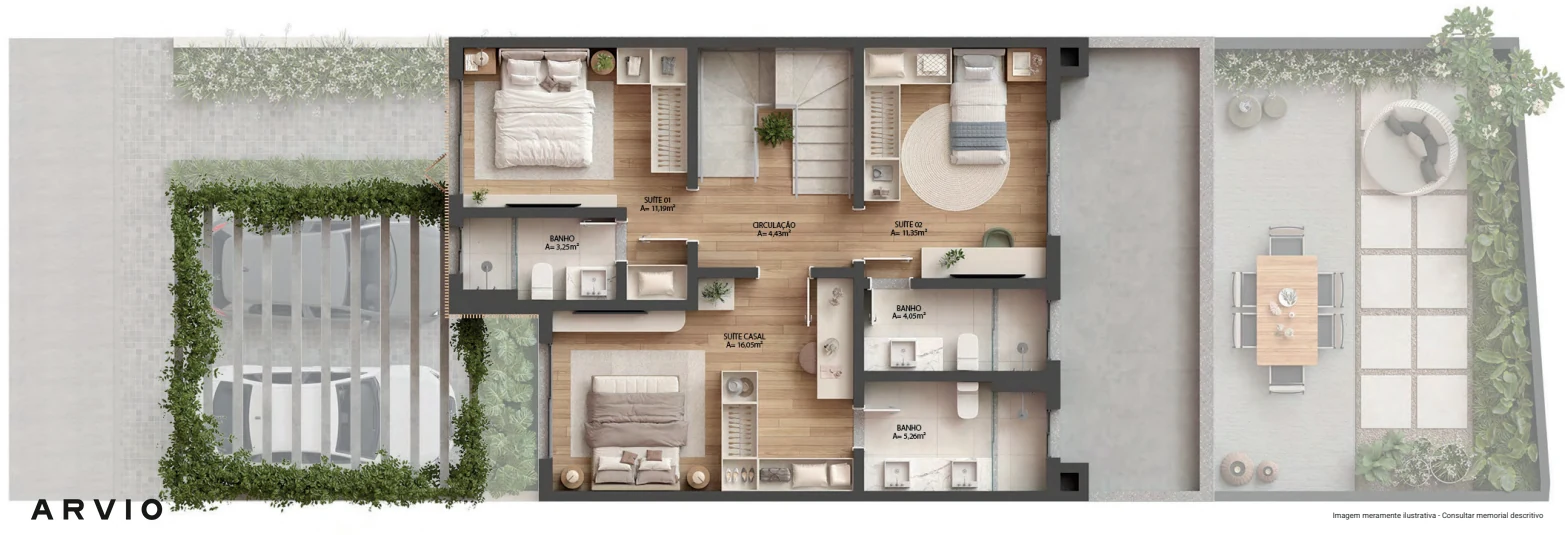 Planta-tipo do segundo pavimento, com três suítes
