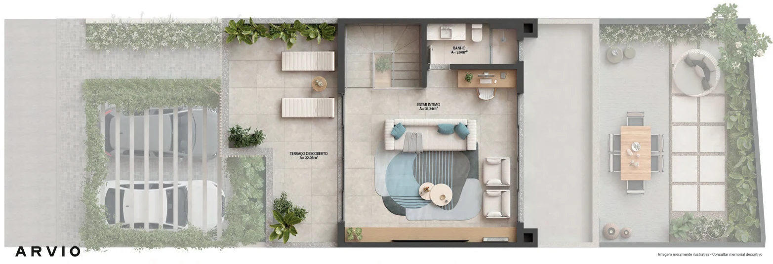 Planta-tipo do terceiro pavimento, com estar íntimo e terraço