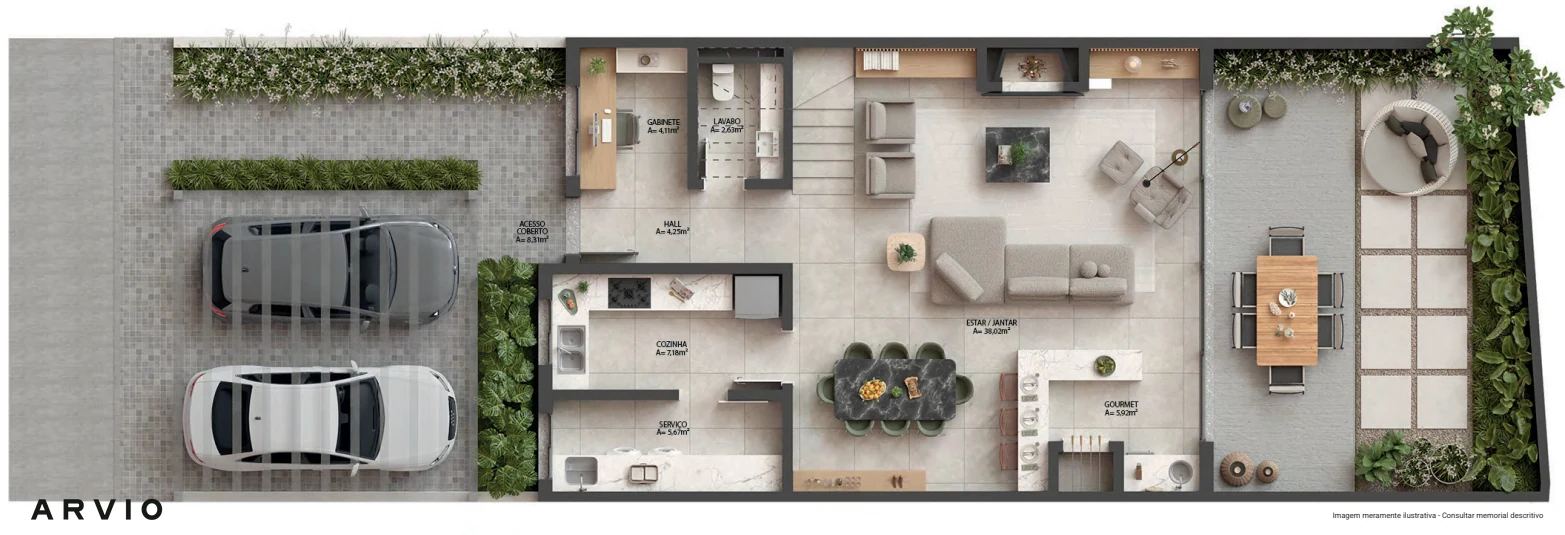 Planta-tipo do térreo, com living, cozinha e pátios