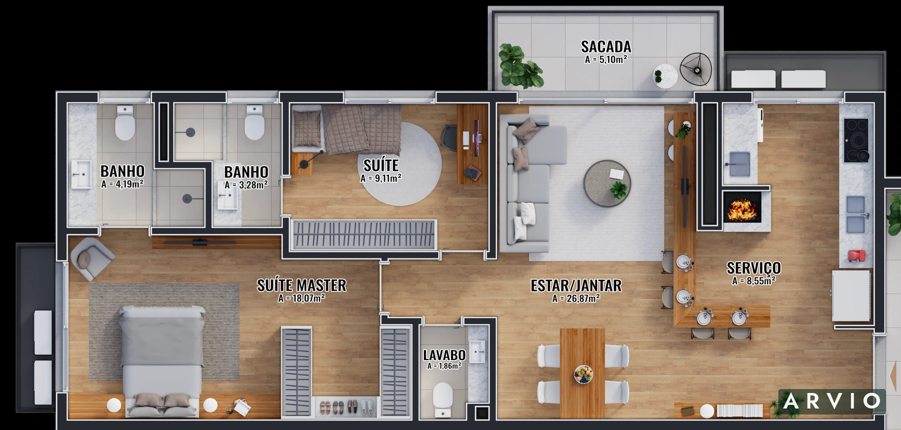 Planta ilustrativa com duas suítes, sala integrada, sacada e lavabo