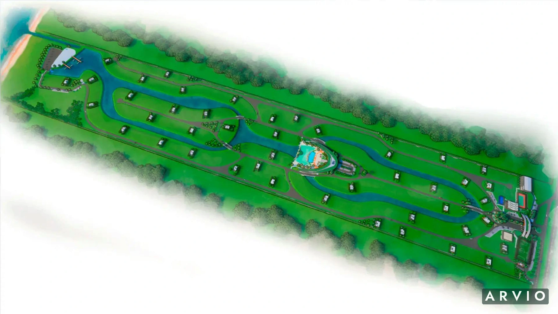 Planta ilustrativa geral com lagos, vias, marina, clube e casas esquemáticas