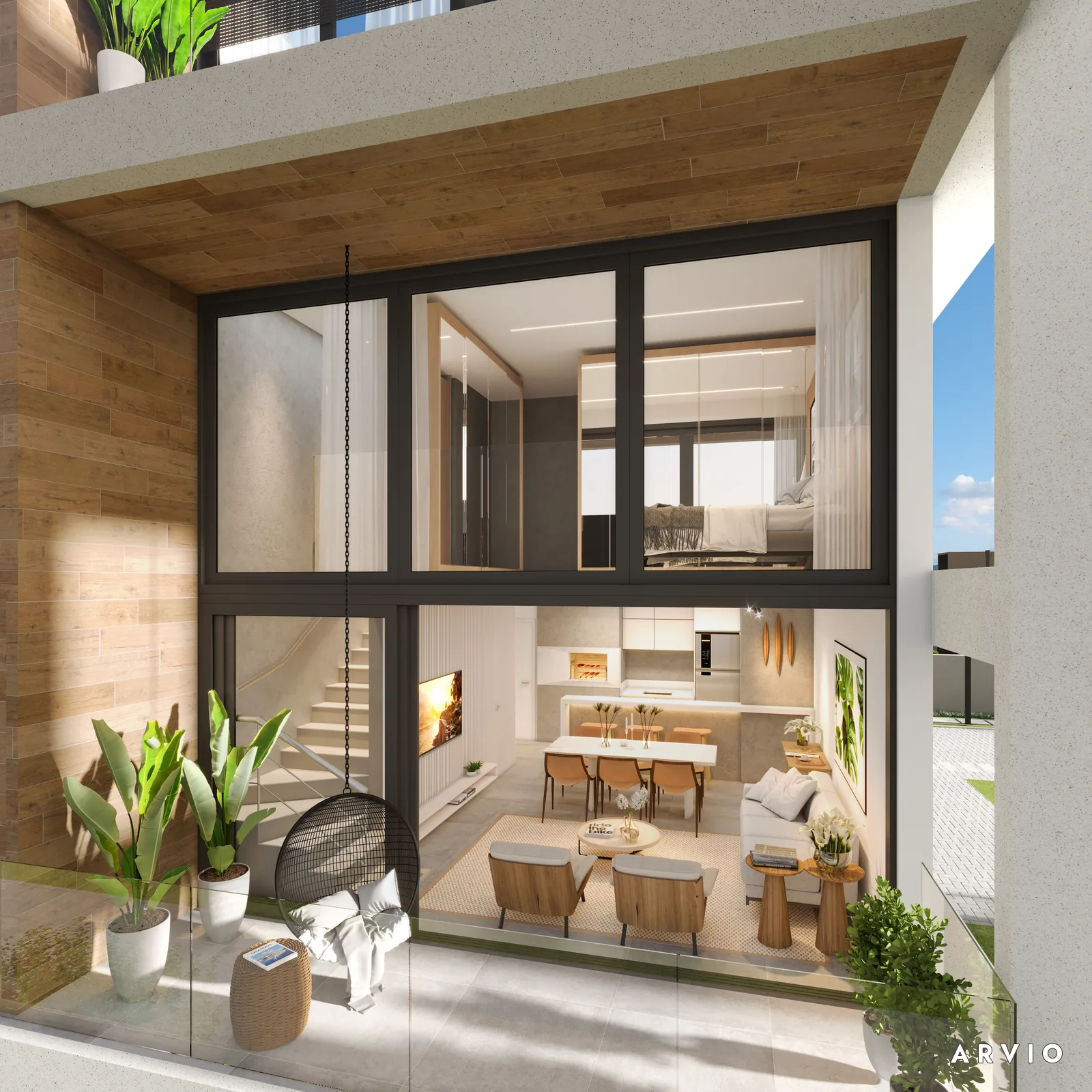 Perspectiva ilustrativa de apartamento duplex decorado de outra unidade, com sala e pavimento superior.