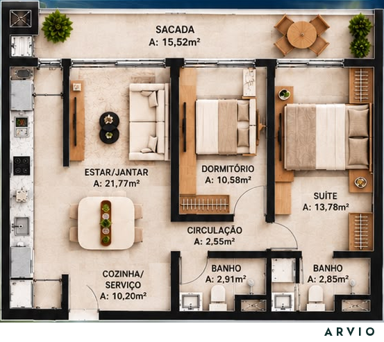 Planta humanizada ilustrativa de apartamento com 2 dormitórios, 1 suíte e varanda.