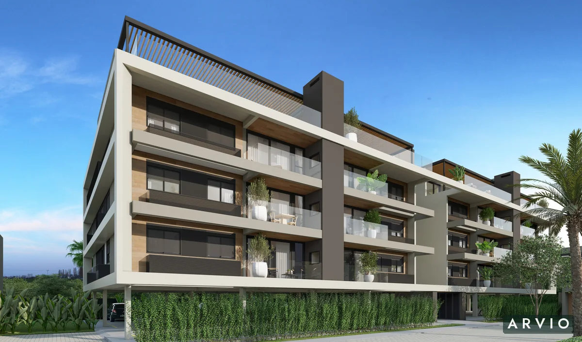 Perspectiva ilustrativa de edifício residencial com varandas e paisagismo.