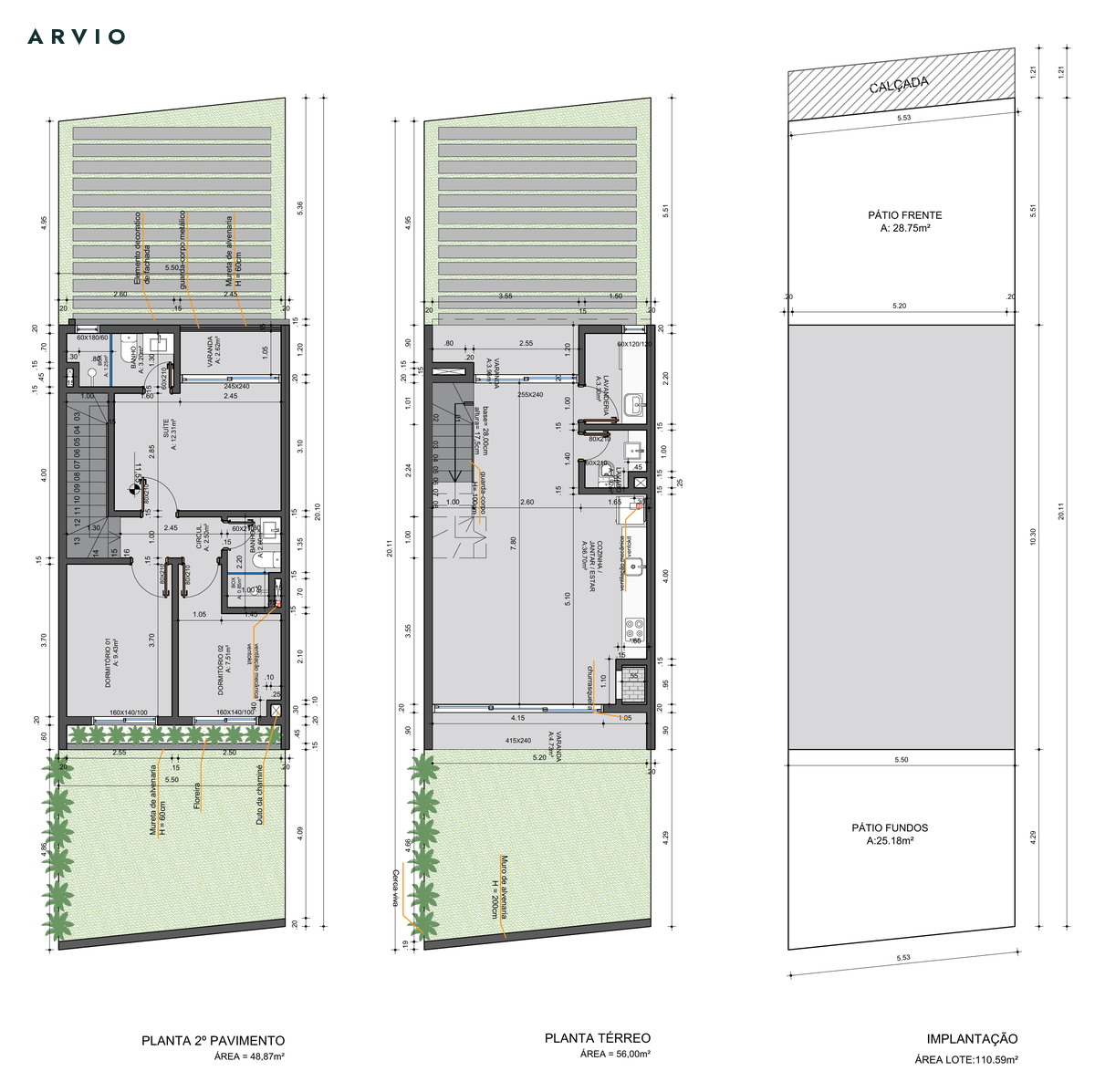 Planta ilustrativa de dois pavimentos com living, jantar, cozinha e três dormitórios.