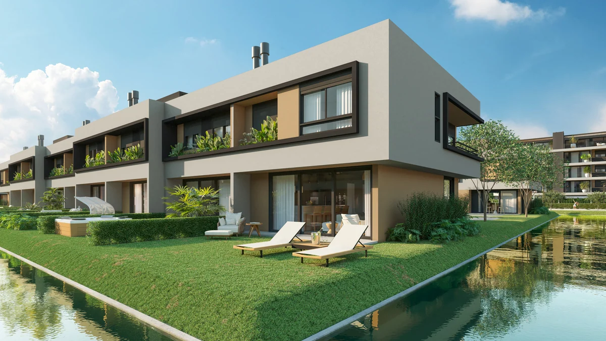 Perspectiva ilustrativa de casas com fundos para o lago.