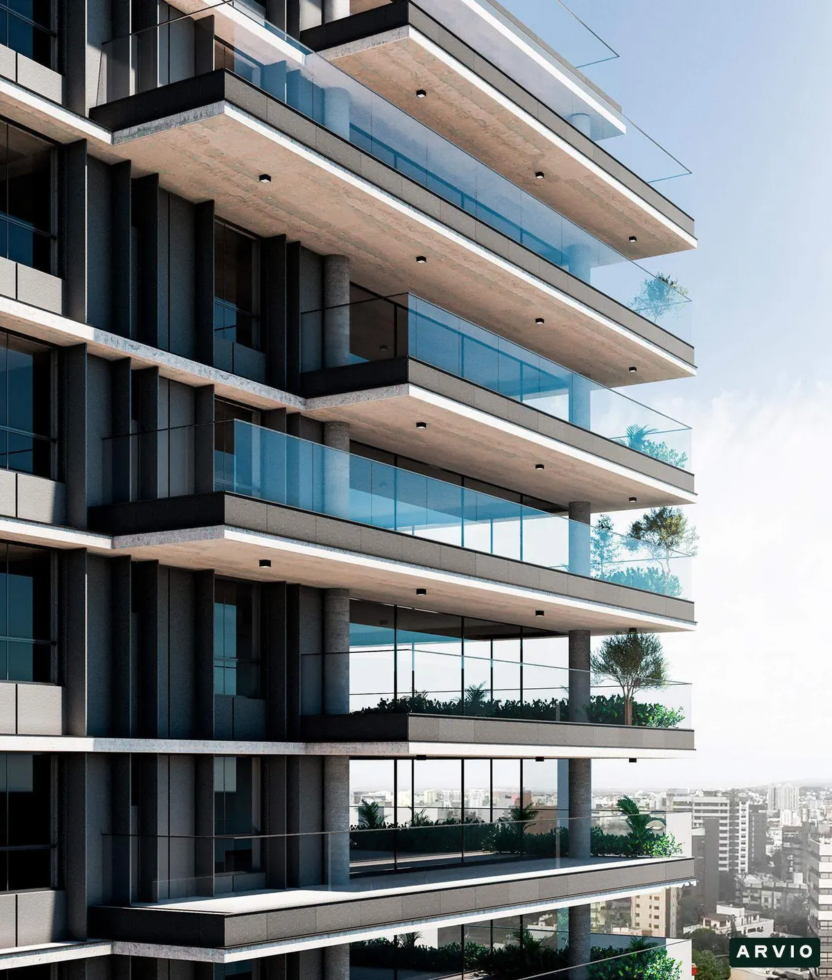 Perspectiva ilustrativa da fachada de apartamentos com varandas na Bela Vista.