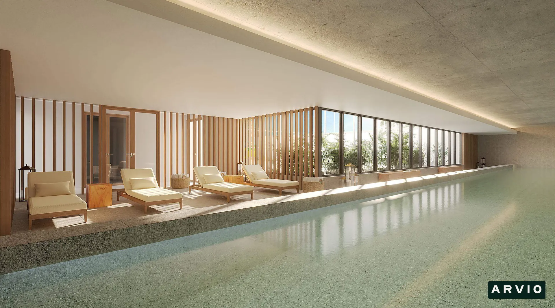 Piscina coberta · Perspectiva ilustrativa.