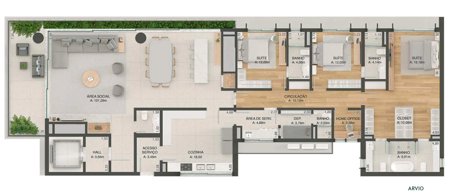 Planta humanizada ilustrativa com três suítes, ampla área social, cozinha, serviço e home office.