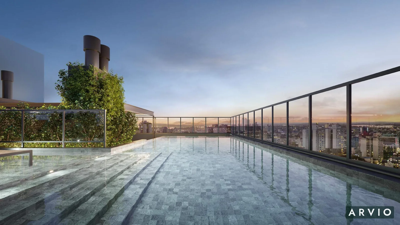 Piscina no rooftop · Perspectiva ilustrativa de área compartilhada