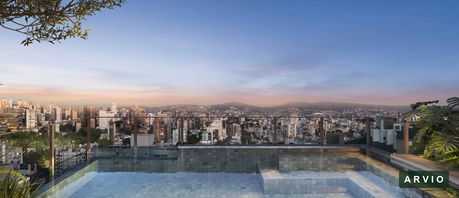 Perspectiva ilustrativa da piscina externa com vista panorâmica nas áreas comuns.
